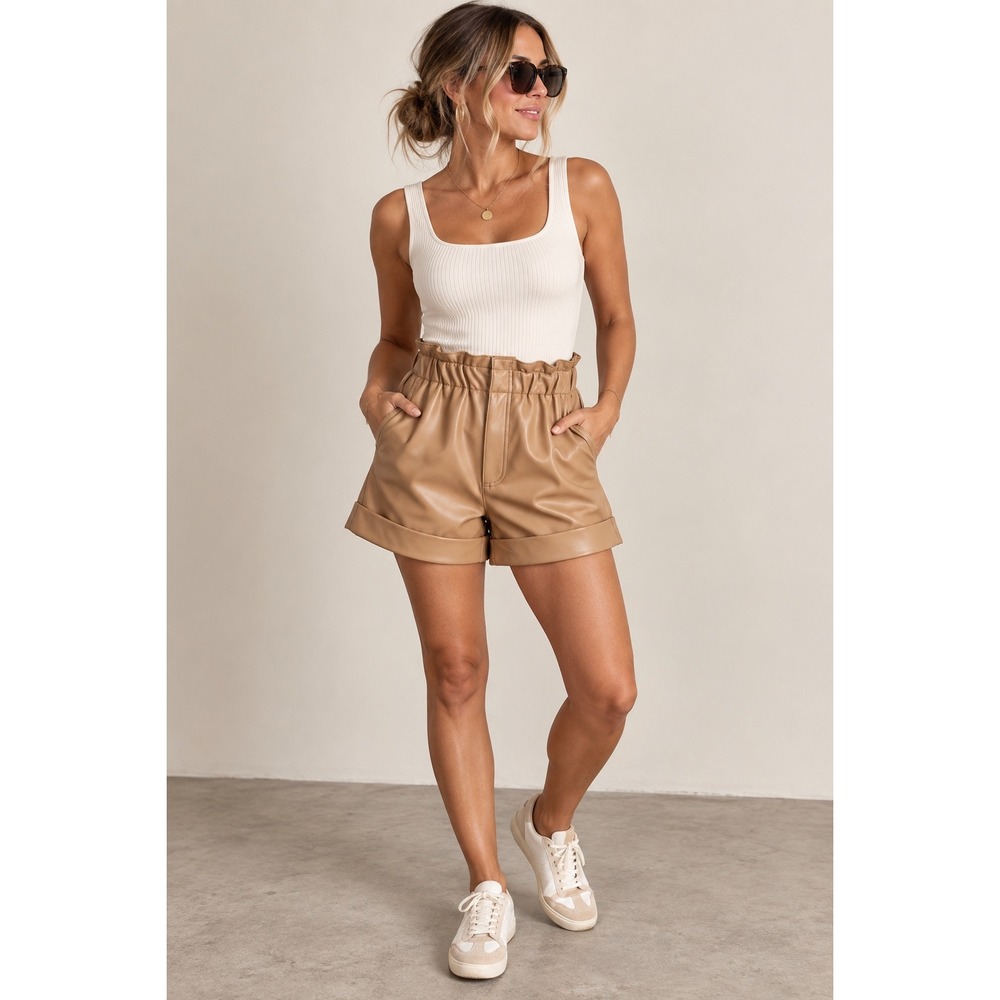 Abercrombie & Fitch Faux Leather Paperbag Waist Shorts Tan Brown Medium
